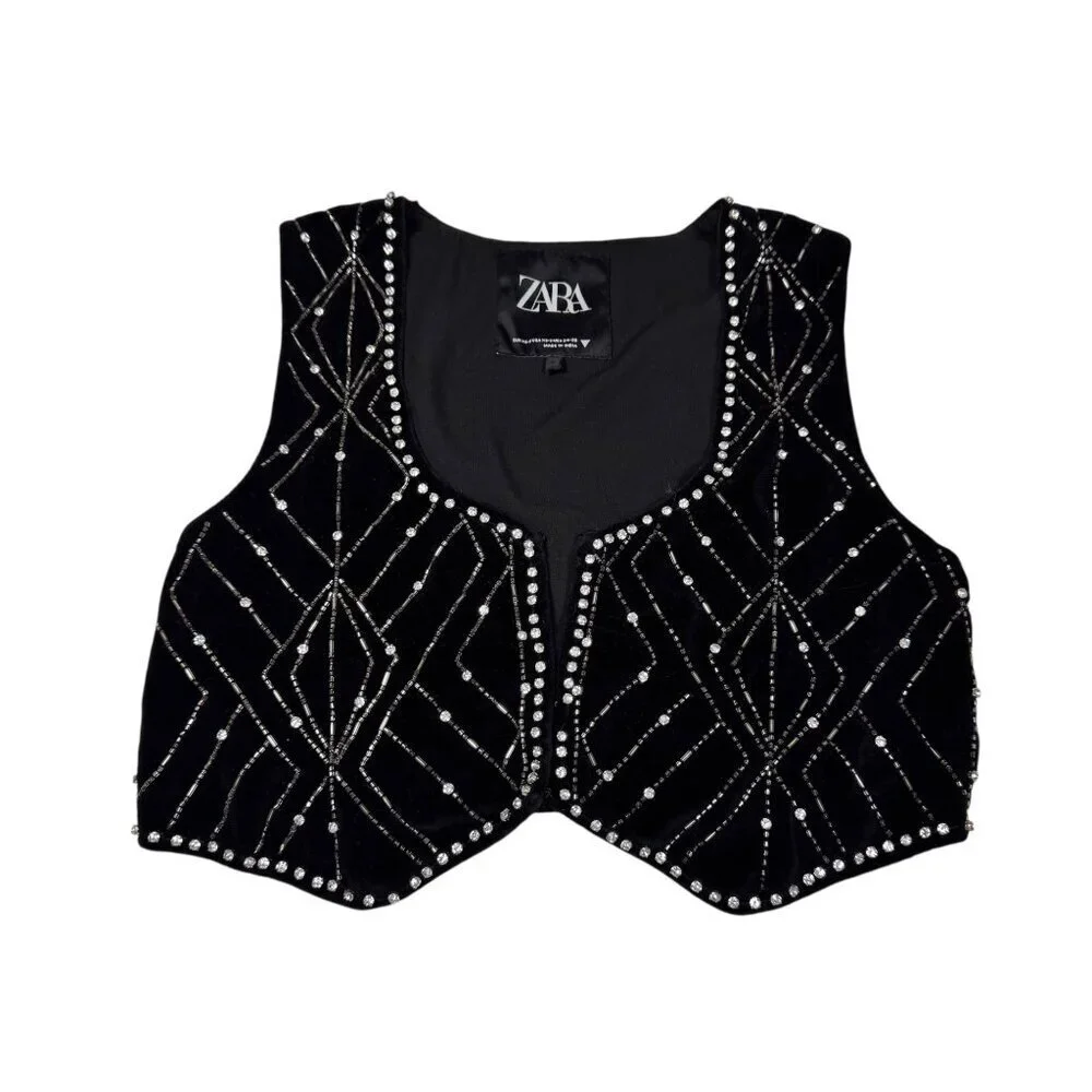 ZARA Black Velvet Waistcoat With Rhinestones Sz XS Vest Whimsigoth Boho Glam - Picture 9 of 16
